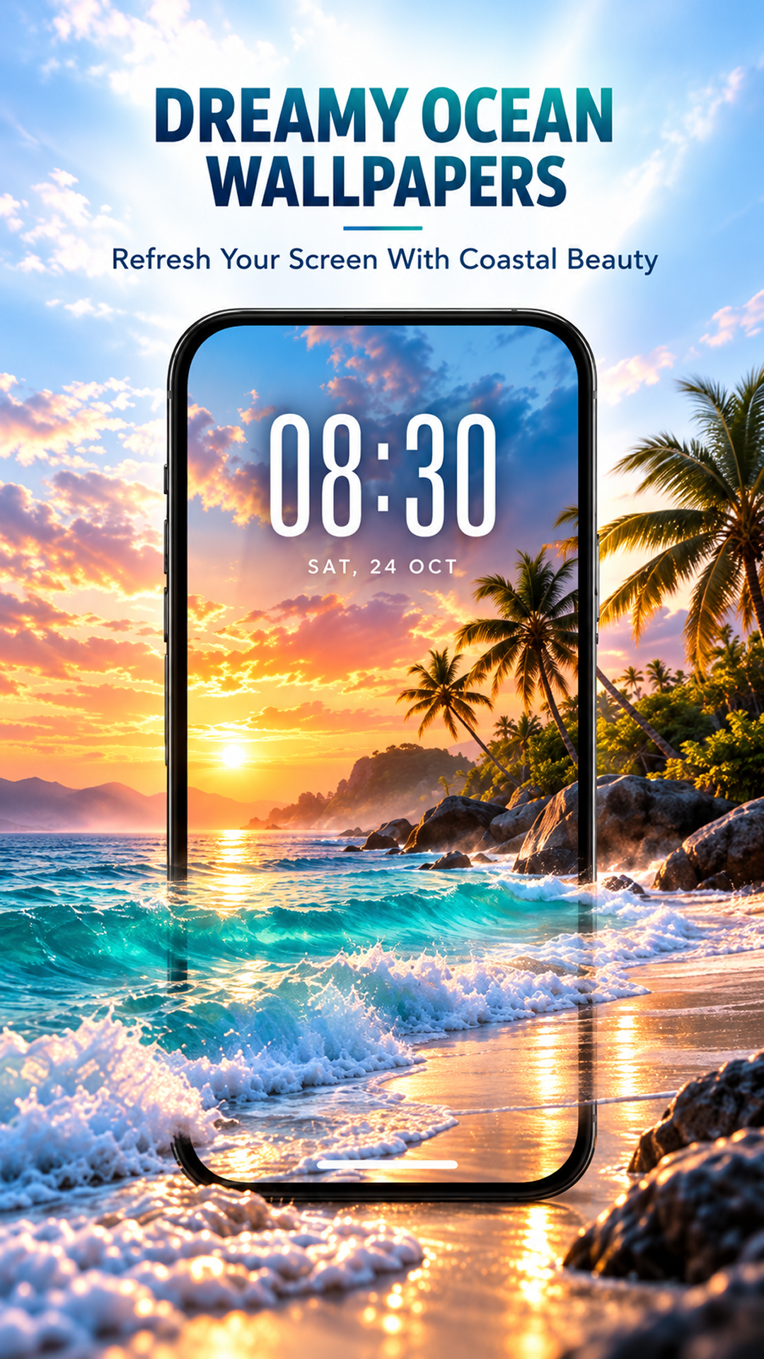 Google Play screenshot featuring a sunset beach wallpaper with waves and palm trees.