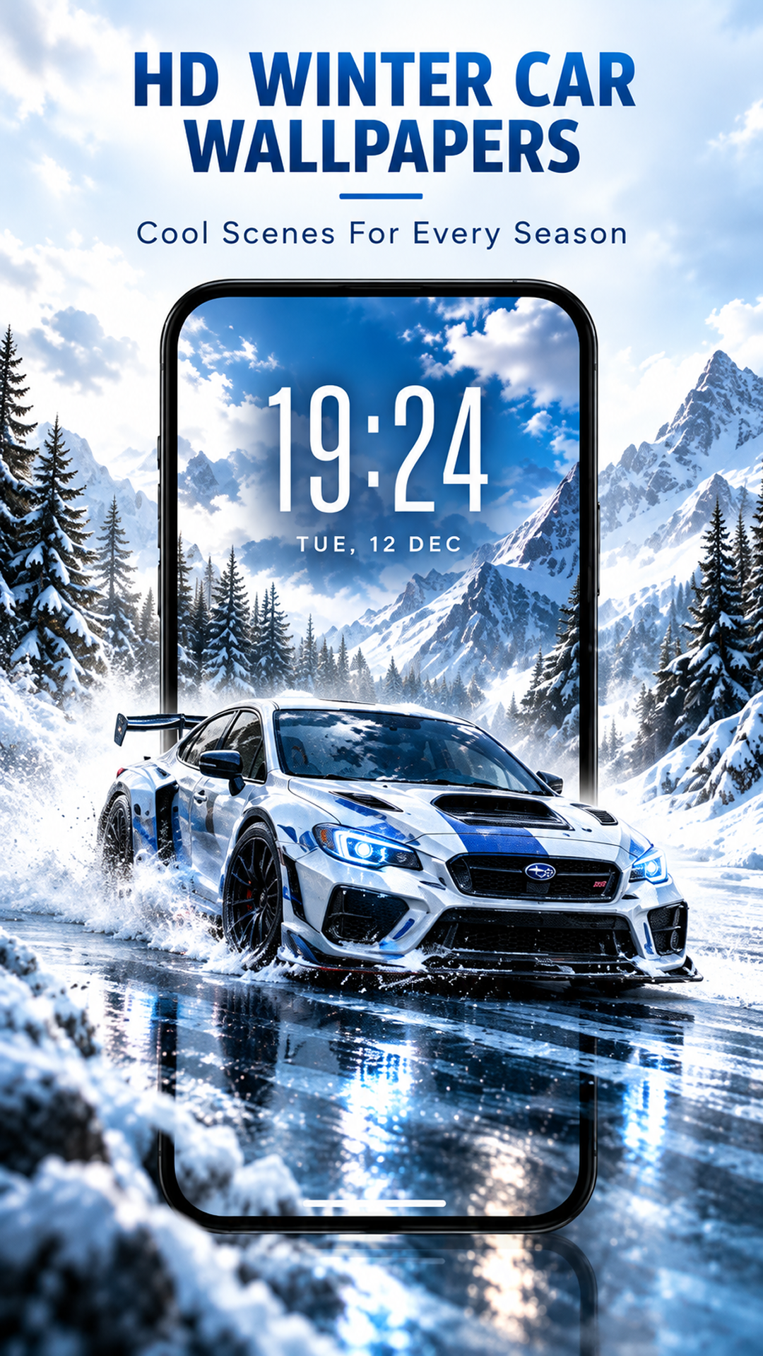 Winter wallpaper promotion featuring a sports car, snow-covered mountains, and a phone wallpaper preview.