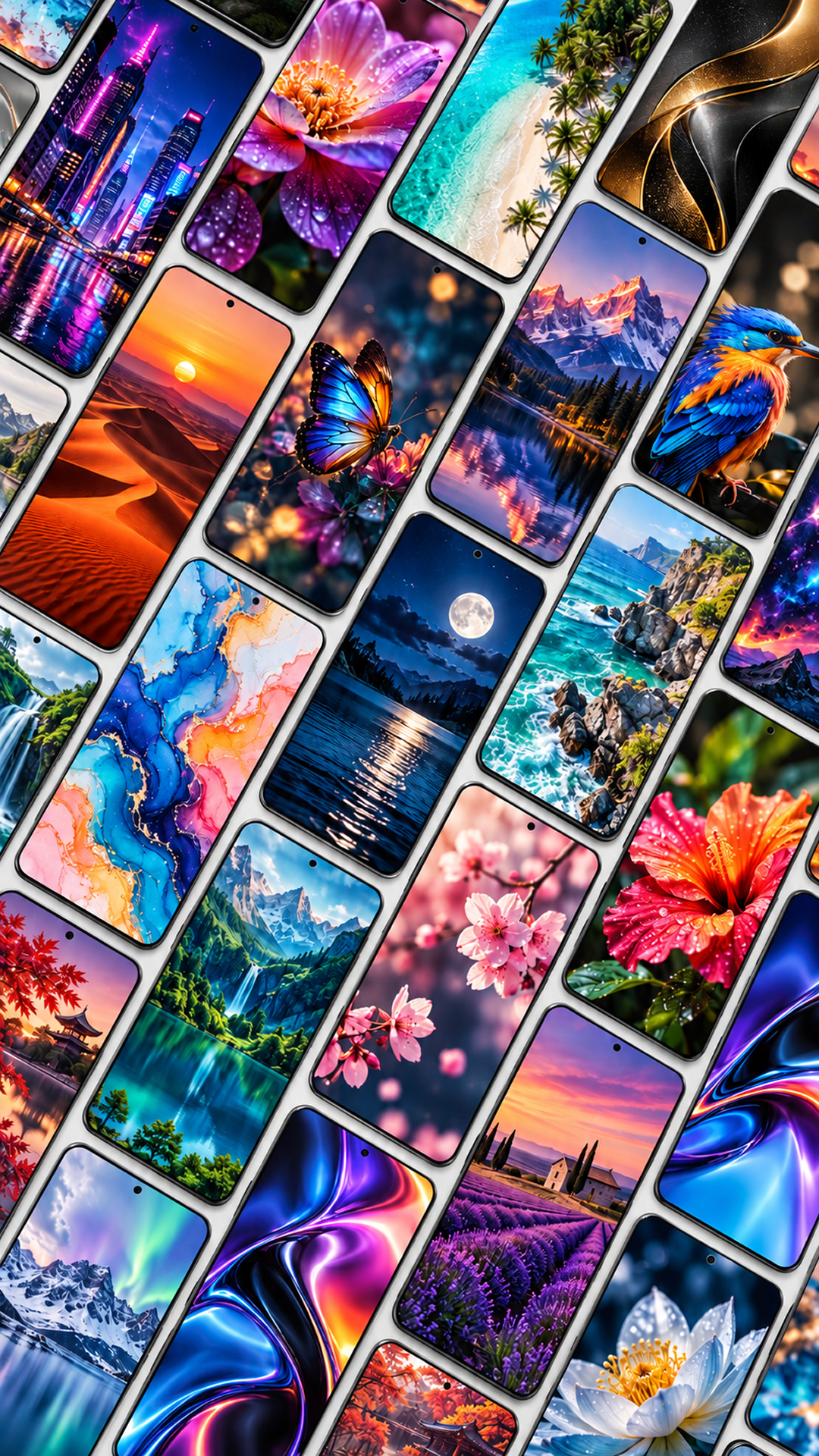 A collage of phone wallpapers with colorful landscapes, city lights, flowers, abstract art, and wildlife.